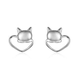 925 Silver Cat Heart Stud Earrings for Women