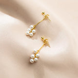 925 Silver Pearls Drop Earrings Front Back Post Golden Earring