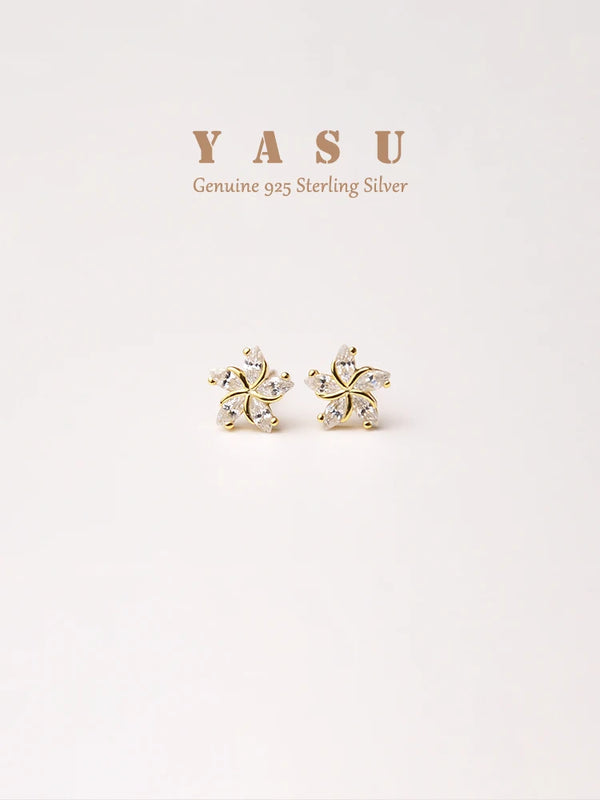 925 Silver Small Stud Earrings Flower Crystal Zirconia Party Jewelry