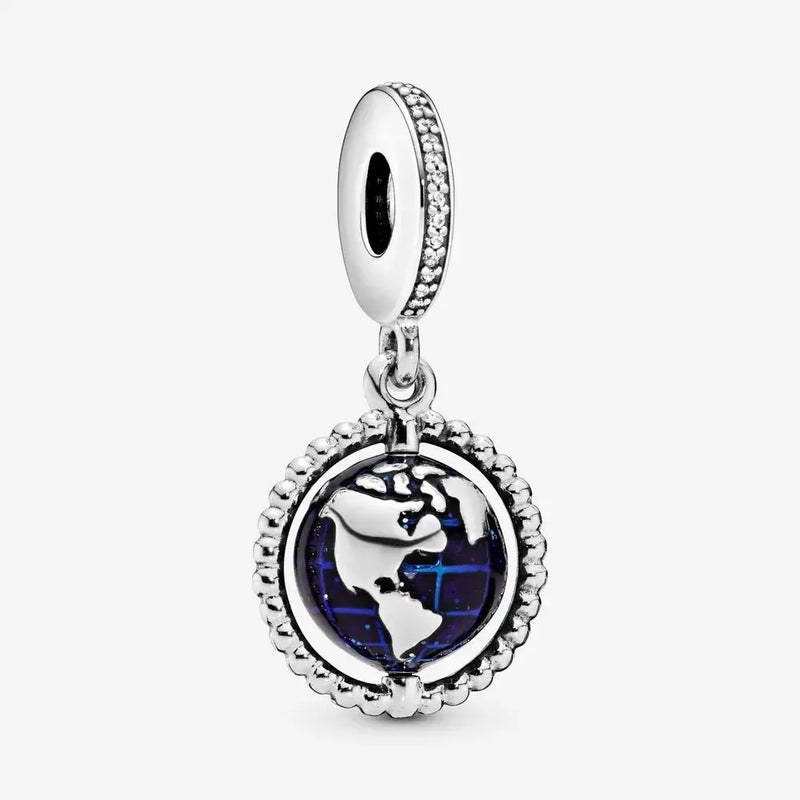 925 Silver Spinning Globe Dangle Charms Beads for Bracelet Pendant