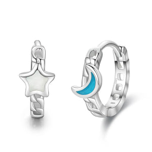 925 Silver Star Moon Small Hoop Earrings for Women Girls