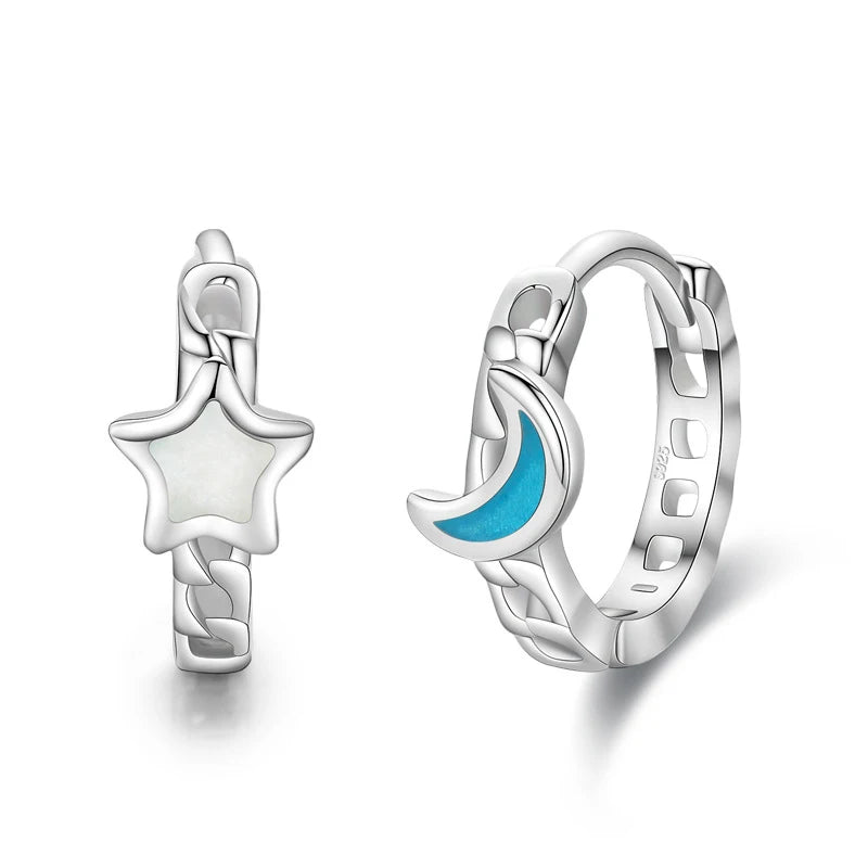 925 Silver Star Moon Small Hoop Earrings for Women Girls