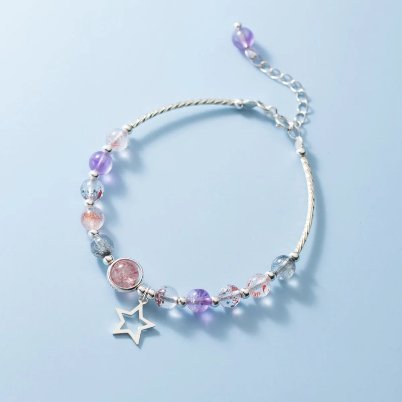 925 Silver Star Strawberry Crystal Beaded Bracelet Women Gift