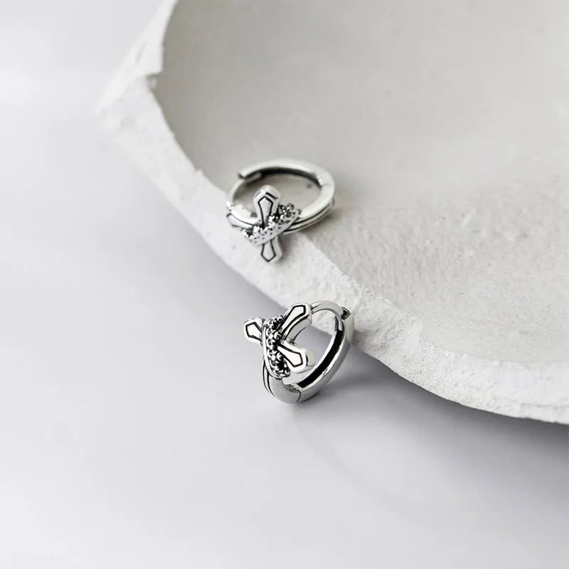 925 Sterling Silver Vintage Cross Hoop Earrings for Women Men