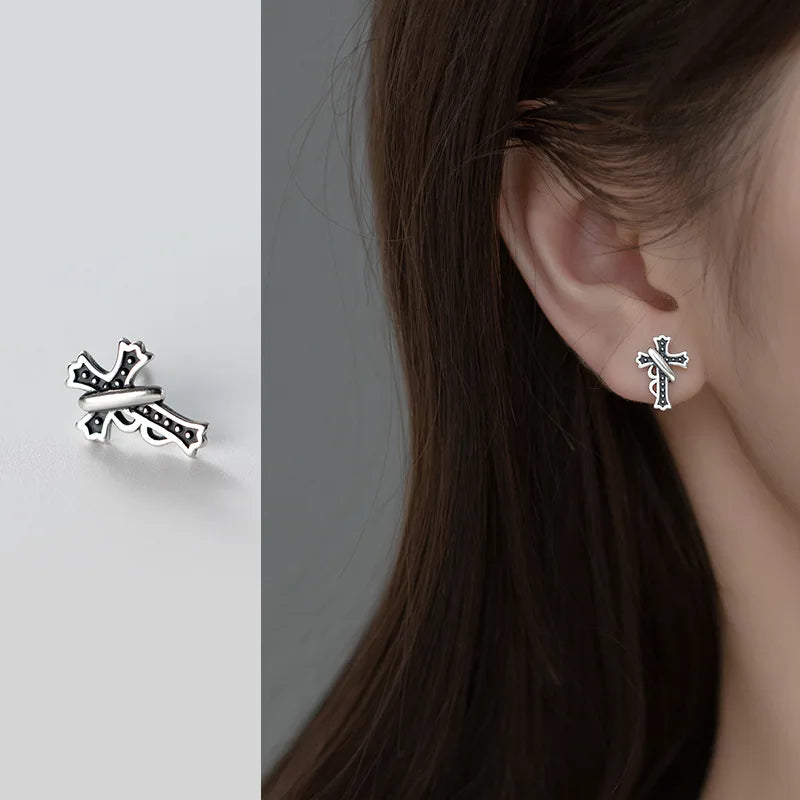 925 Silver Vintage Cross Stud Earrings Men Women Christmas