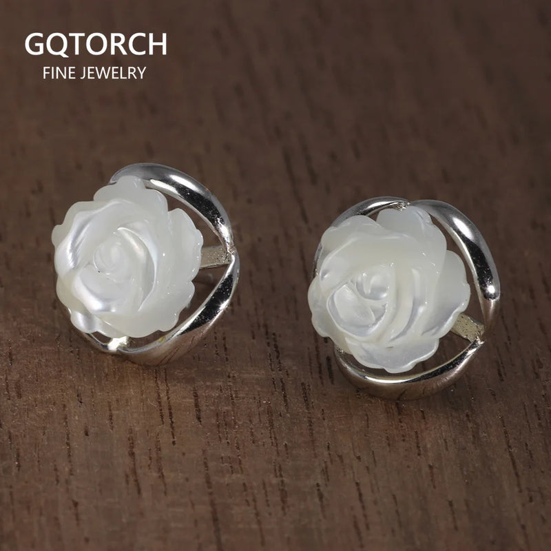 925 Silver Rose Flower Studs Earrings Natural Shell Jewelry