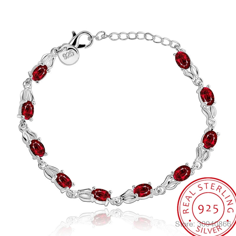 925 Silver Oval Ruby Bracelet with Garnet Crystal Beads