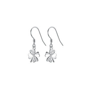 925 Silver Zircon 4-leaf Flower Dangle Earrings Hypoallergenic