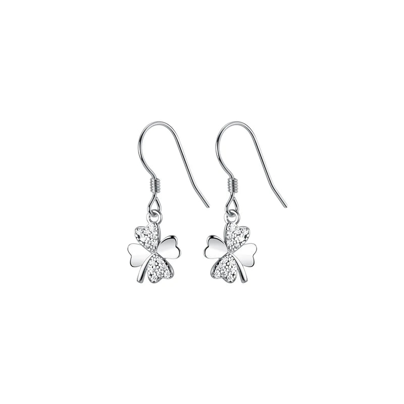 925 Silver Zircon 4-leaf Flower Dangle Earrings Hypoallergenic
