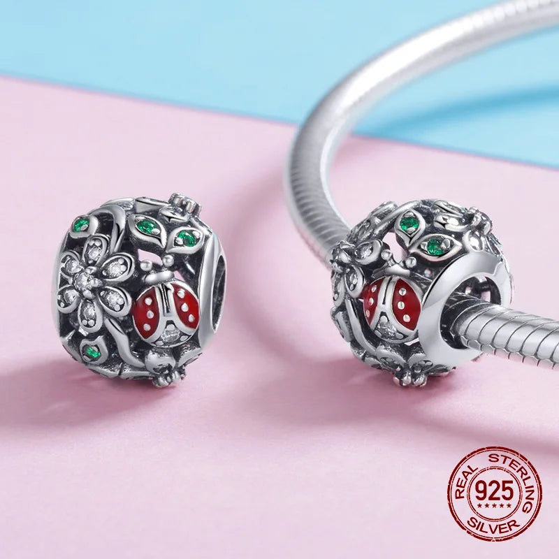925 Silver Flowers Ladybug Zircon Beads Charm Bracelet Jewelry