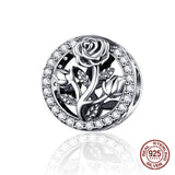 925 Sterling Silver Vintage Clear CZ Rose Flower Beads Charm for Bracelet