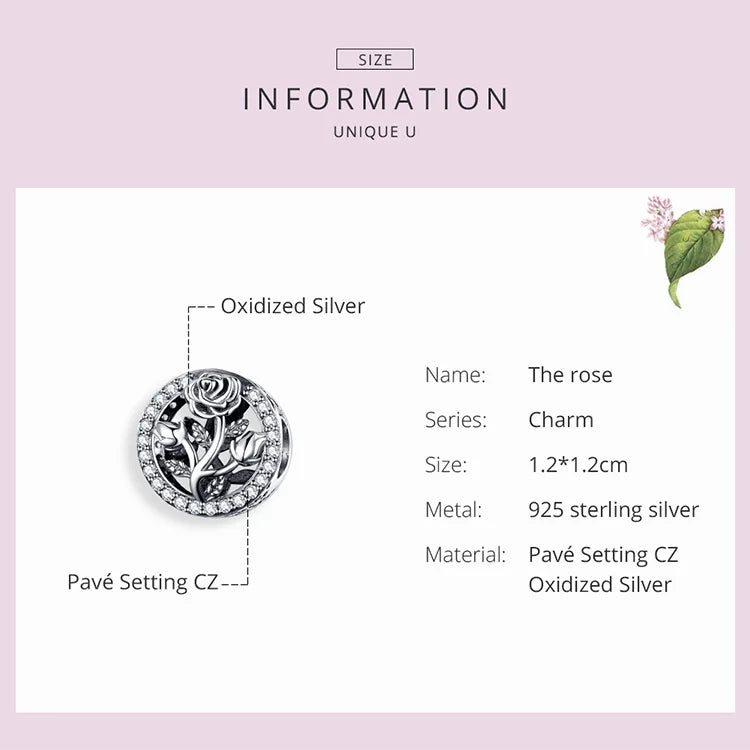 925 Sterling Silver Vintage Clear CZ Rose Flower Beads Charm for Bracelet