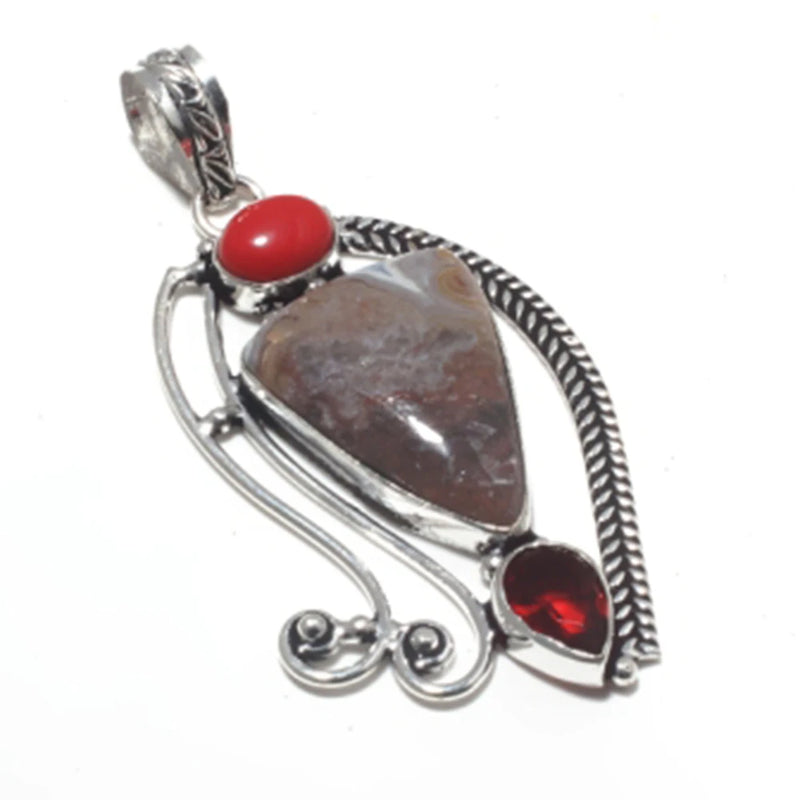 Crazy Lace Agate + Coral + Garnet Pendant Hand Women Lady Fine Jewelry, P9659