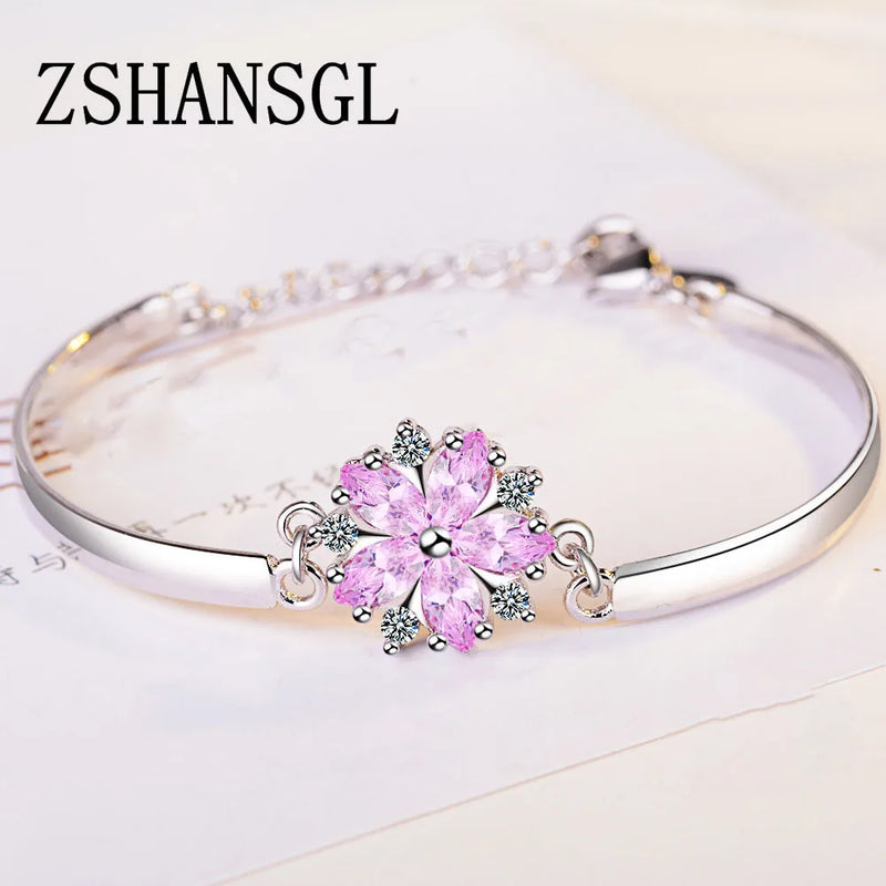 925 Sterling Silver Pink Daisy Flower Crystal Women Bracelet