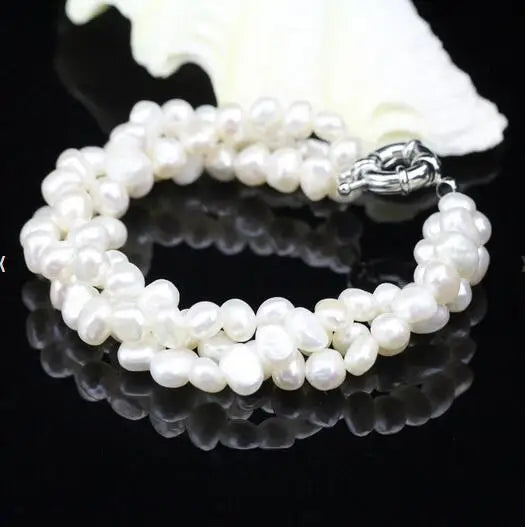 Freshwater Baroque 5-6mm Beads 3 line strand Chunky Pearl Bracelet