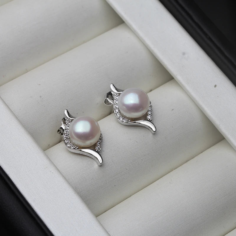 Freshwater Pearl Stud Earrings 925 Silver Women's Jewelry Gift
