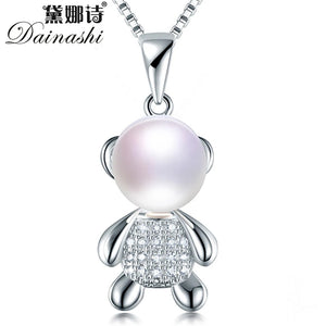 Freshwater Pearl Pendant Necklace 925 Silver Bear Dangle Jewelry Gift