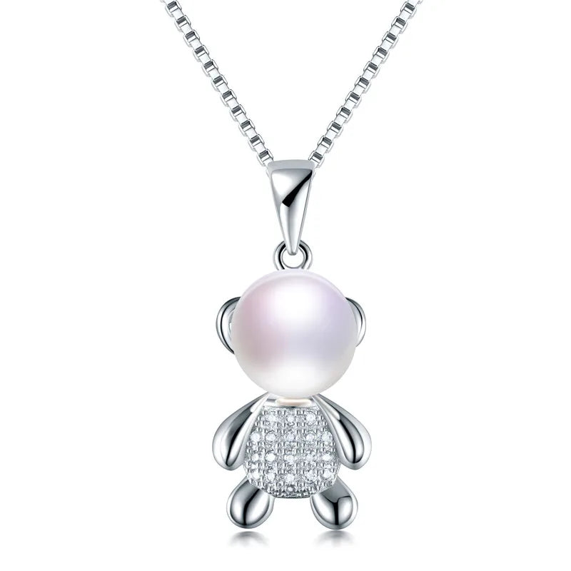 Freshwater Pearl Pendant Necklace 925 Silver Bear Dangle Jewelry Gift