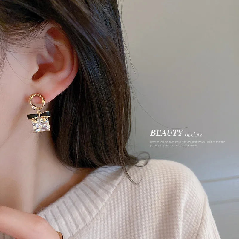 Diamond Square Bow Earrings with S925 Silver Needles