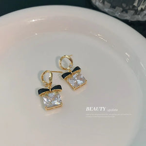 Diamond Square Bow Earrings with S925 Silver Needles