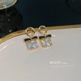 Diamond Square Bow Earrings with S925 Silver Needles