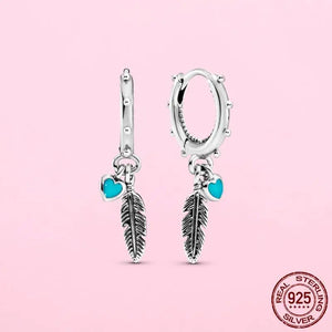 925 Silver Turquoise Hoop Earrings Hearts Feather Women Gift
