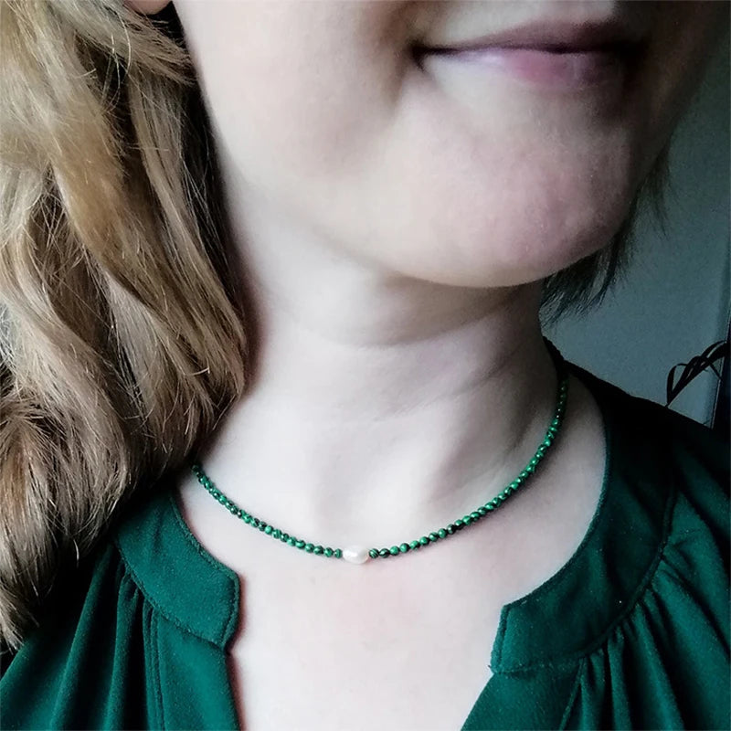 Green Malachite Choker Necklace for Women, Nature Pearl Beads