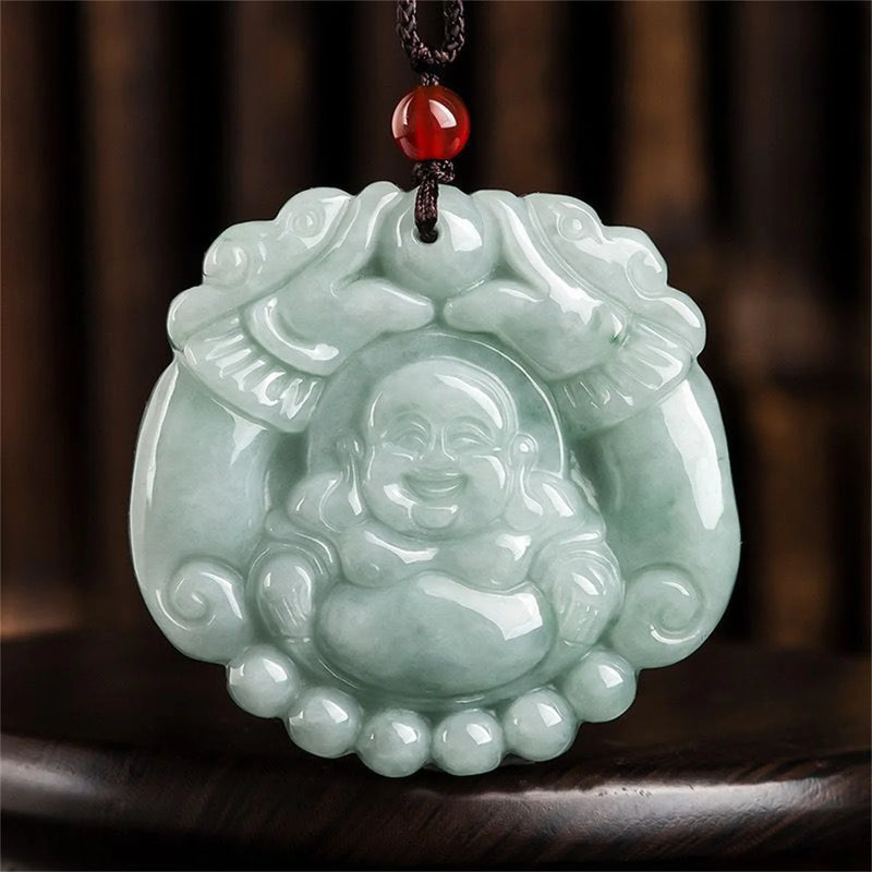 Myanmar Jadeite Twin Dragons Laughing Buddha Maitreya Pendant