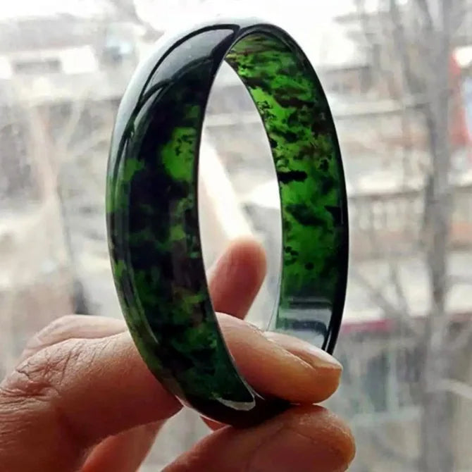 Green Jade Bangle Bracelet Hand-Carved Amulet for Women Men