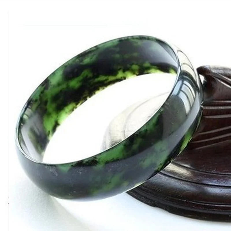 Natural Green Jade Bangles Bracelets Chinese Hand-Carved Charm Jewelry