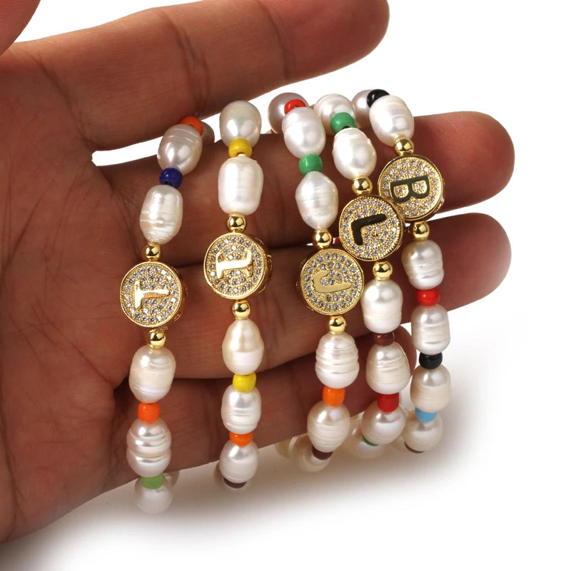 Freshwater Pearl Bracelets with Cubic Zirconium 26 Letters