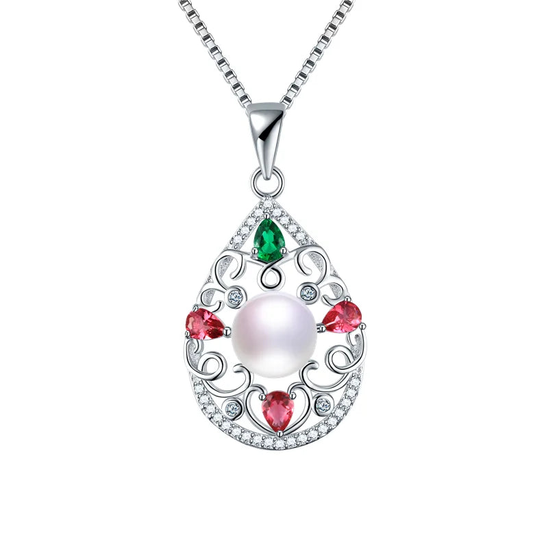 Freshwater Pearl Pendant Necklace 925 Silver Colorful Zircon Pendant