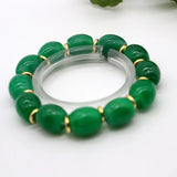 Green Jade Elastic Bracelet Hand-Carved Bucket Shape Lucky Amulet
