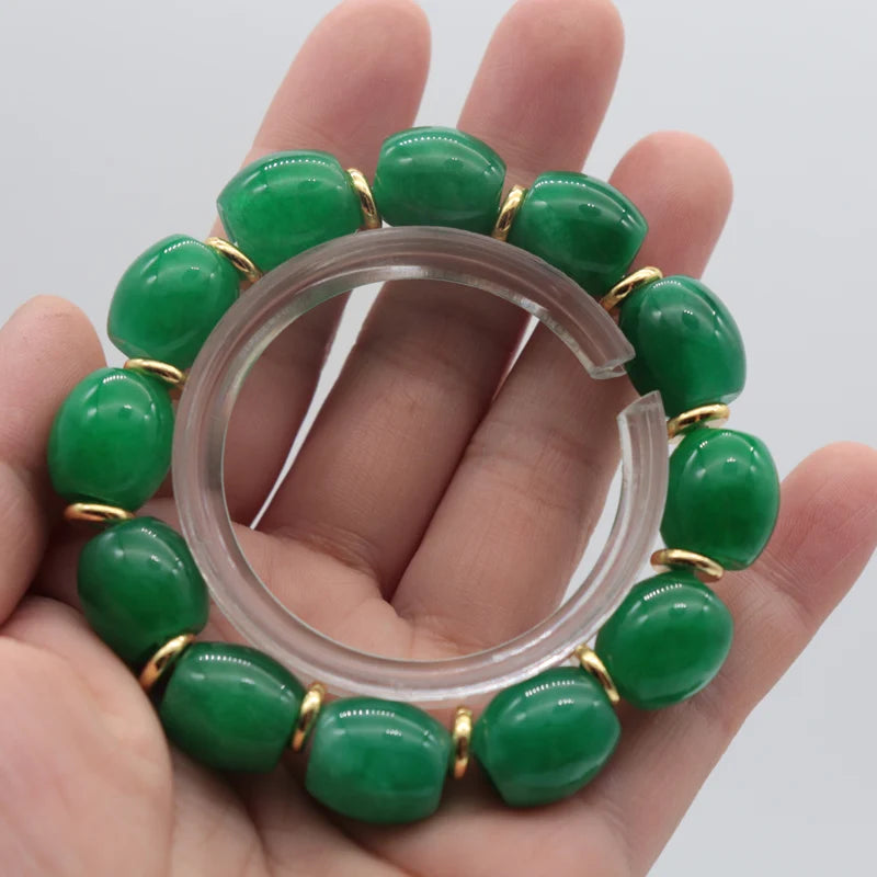 Green Jade Elastic Bracelet Hand-Carved Bucket Shape Lucky Amulet