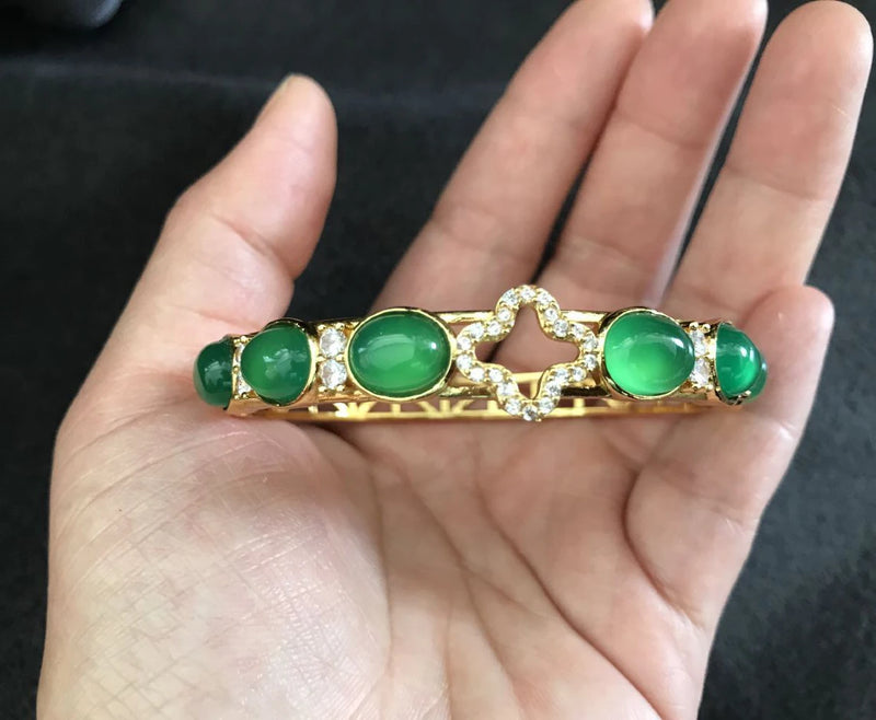 Green Jade Rhinestone Bangle Bracelet 925 Silver Plated