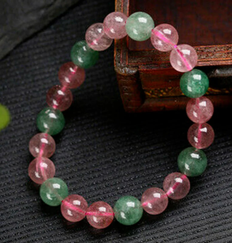 Green & Pink Strawberry Crystal Bead Bangle Bracelet Dia.8-10mm