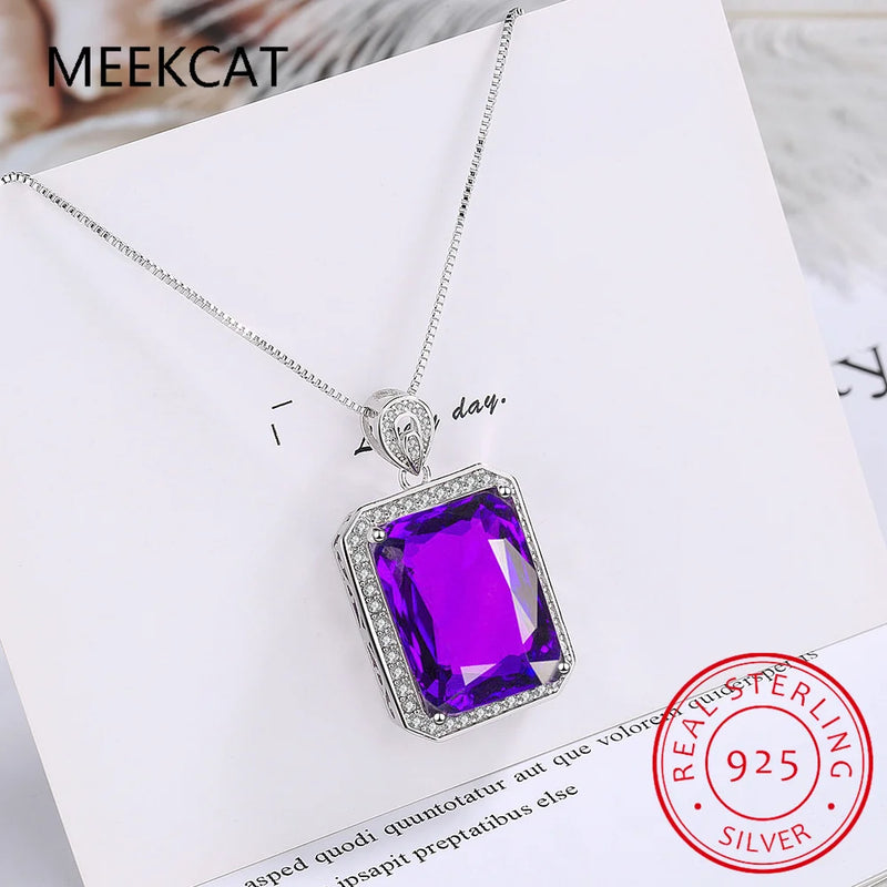 Purple Amethyst Square Pendant Necklace 925 Sterling Silver Women Gemstone