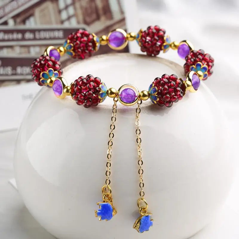 Natural Wine Red Garnet Women's Braided Bracelet with Fishes Charm