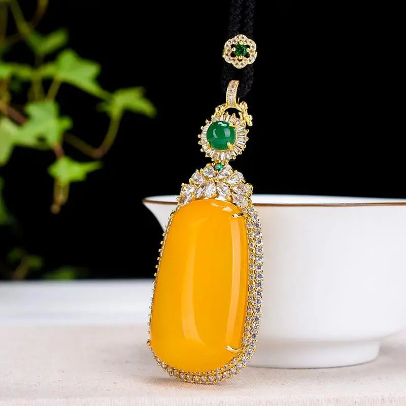 Yellow Jade Pendant Necklace with Zircon Emerald for Women