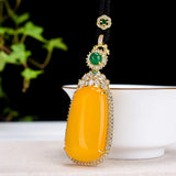 Yellow Jade Pendant Necklace with Zircon Emerald for Women