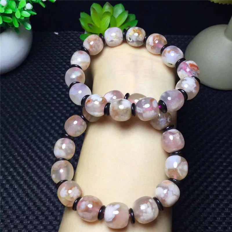 Pink Cherry Agate Stretch Bracelet Crystal Barrel Beads