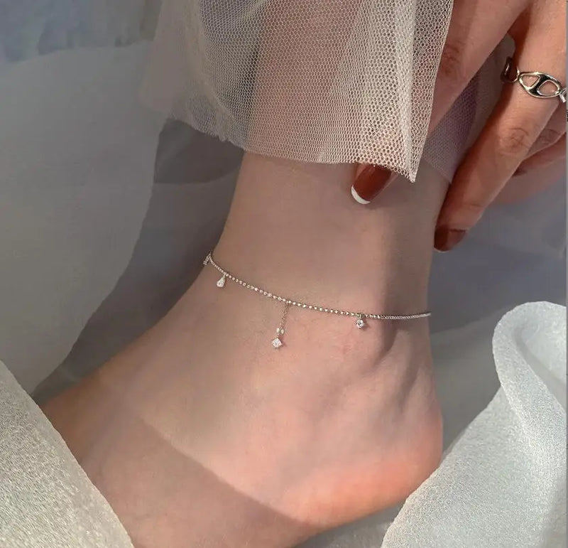 925 Silver CZ Tassel Anklets Women Fine Jewelry Gift