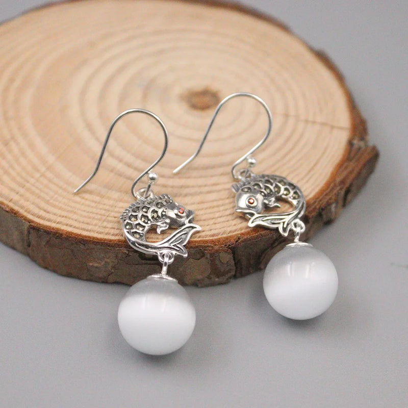 925 Silver Fish & Chalcedony Bead Dangle Earrings 45mm
