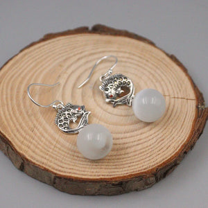 925 Silver Fish & Chalcedony Bead Dangle Earrings 45mm