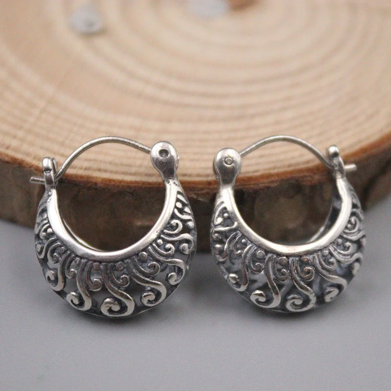 925 Sterling Silver Hoop Earrings Floral Pattern 20mm Diameter S925