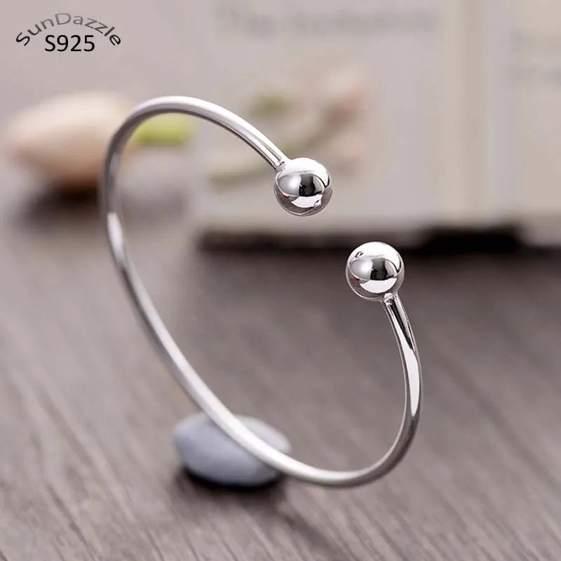 925 Sterling Silver Bangle Bracelet Round Ball Female Cuff Wristband Gift