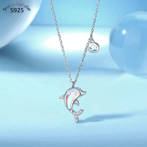 925 Sterling Silver Dolphin Pendant Necklace Crystal Stone Chains for Women