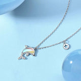 925 Sterling Silver Dolphin Pendant Necklace Crystal Stone Chains for Women