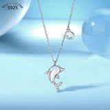 925 Sterling Silver Dolphin Pendant Necklace Crystal Stone Chains for Women