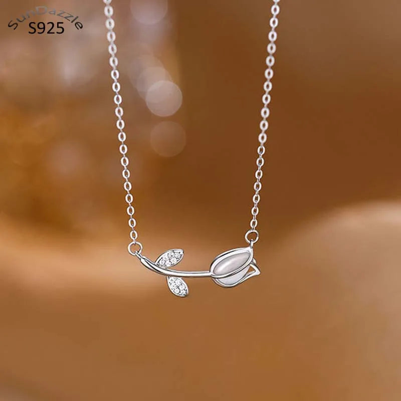 925 Sterling Silver Flower CZ Pendant Necklace for Women
